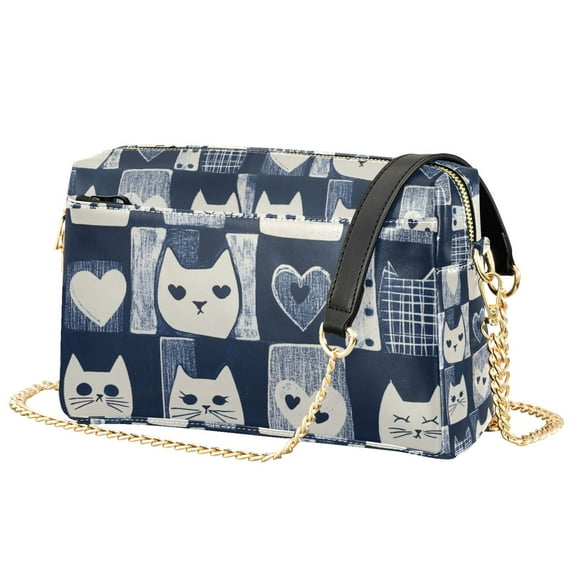 FORMRS Women Crossbody Purse with Chain Strap Vegan Leather Shoulder Handbag, Blue Cats and Hearts