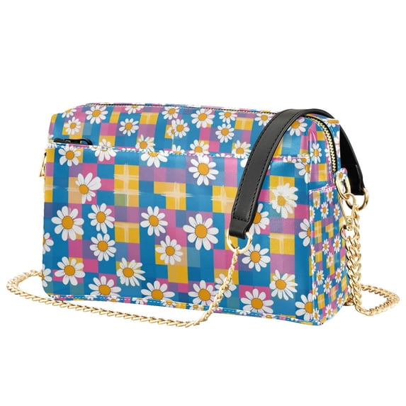 FORMRS Women Crossbody Purse with Chain Strap Vegan Leather Shoulder Handbag, Blue Checkered Daisy