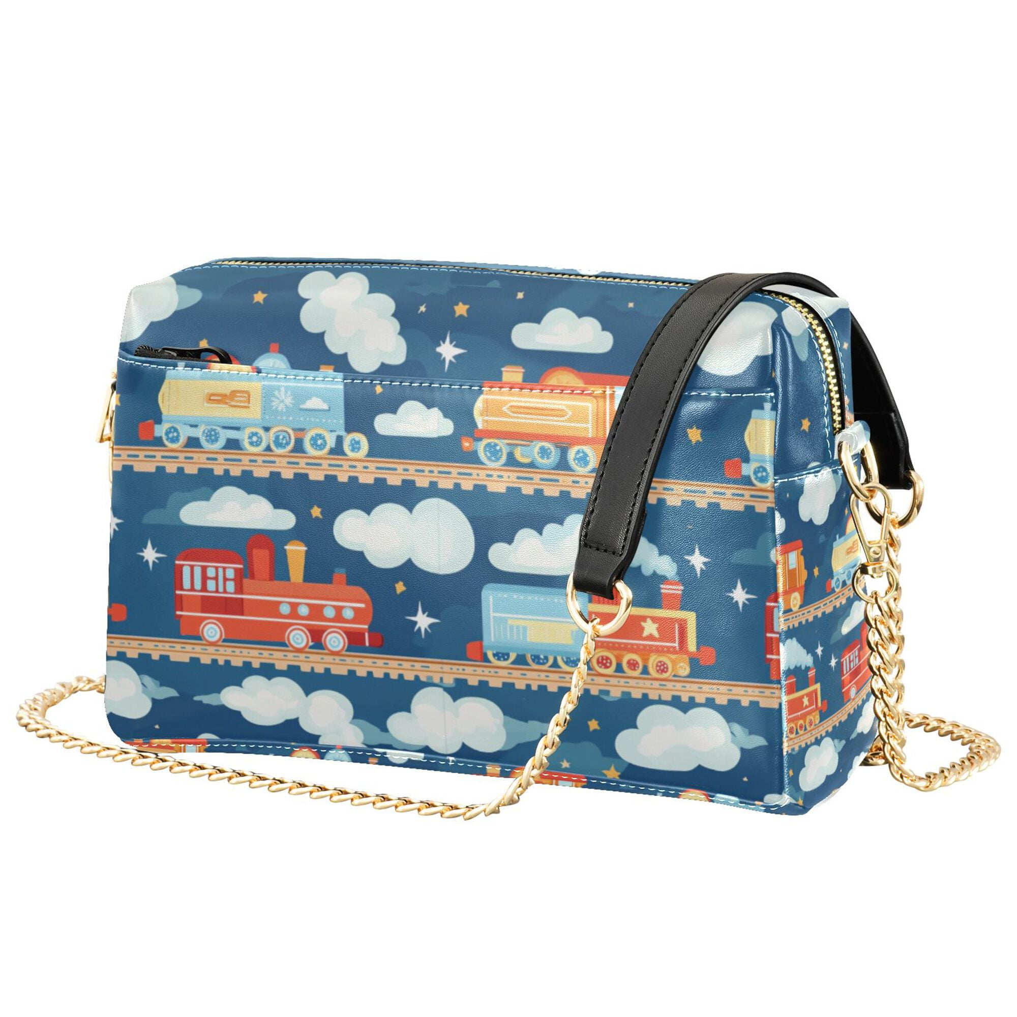 FORMRS Women Crossbody Purse with Chain Strap Vegan Leather Shoulder Handbag, Blue Cute Train Pattern