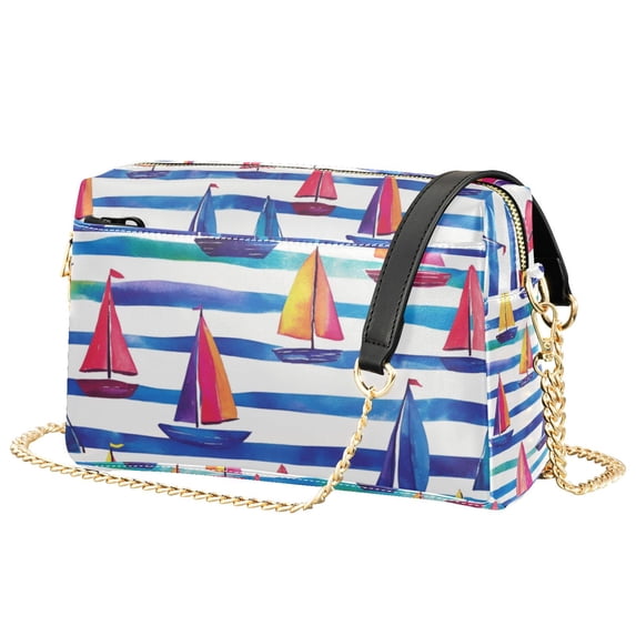 FORMRS Women Crossbody Purse with Chain Strap Vegan Leather Shoulder Handbag, Blue Hand Drawn Sailboats