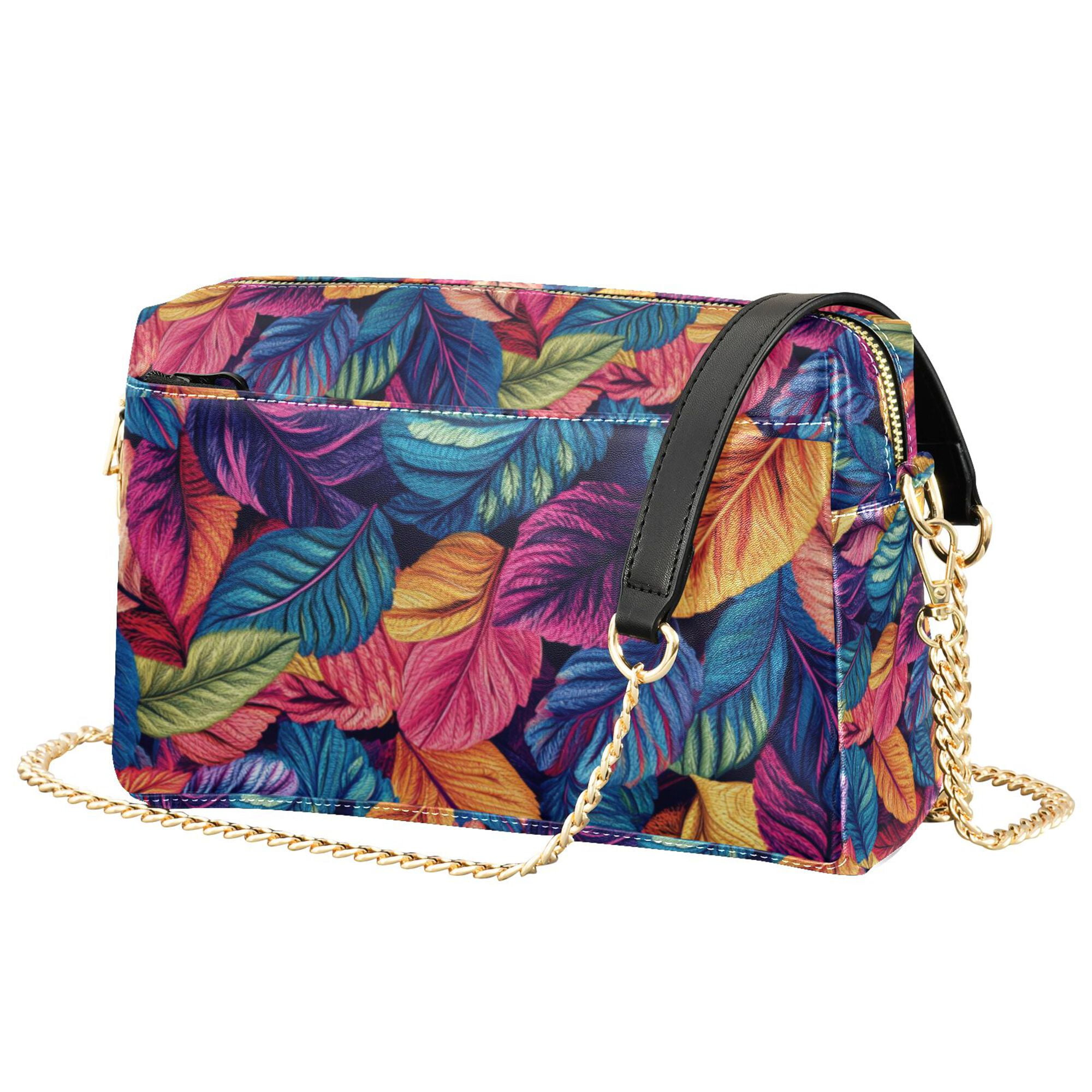 FORMRS Women Crossbody Purse with Chain Strap Vegan Leather Shoulder Handbag, Colorful Art Leaves Pattern