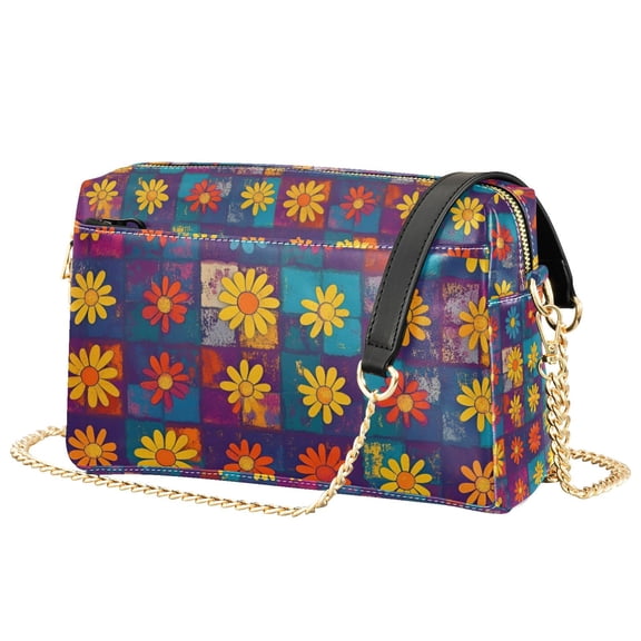 FORMRS Women Crossbody Purse with Chain Strap Vegan Leather Shoulder Handbag, Colorful Checkered Daisy