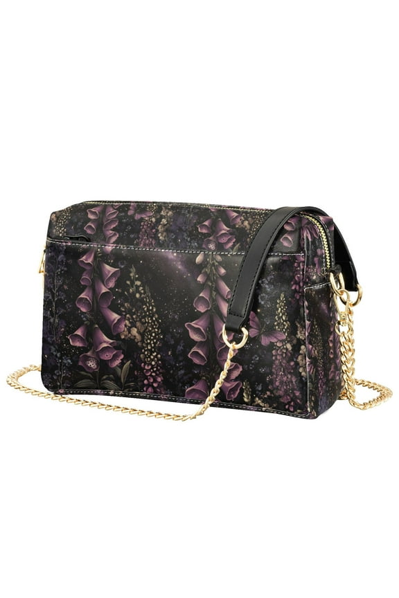 Women Crossbody Purse with Chain Strap Vegan Leather Shoulder Handbag, Dark Gothic Floral