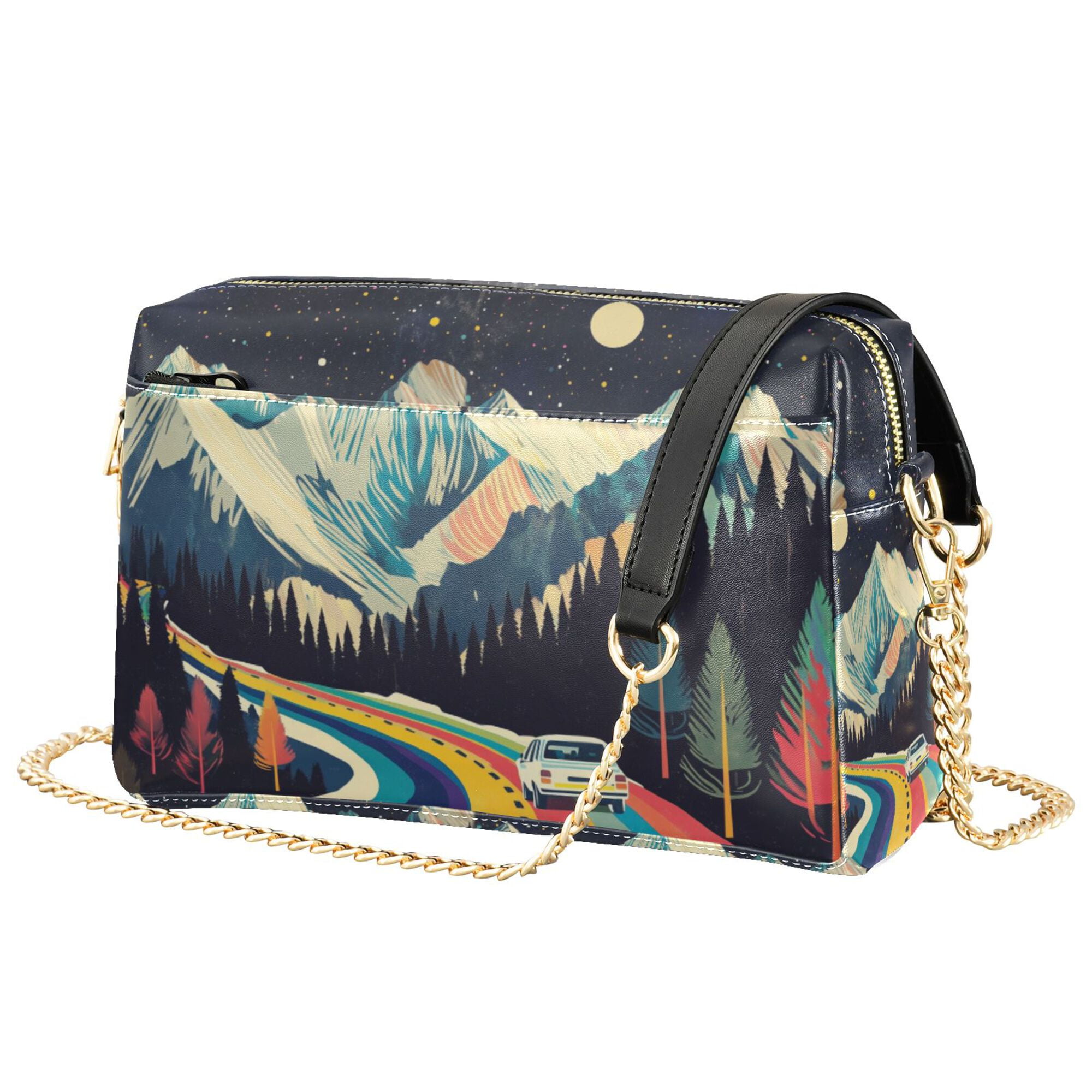 FORMRS Women Crossbody Purse with Chain Strap Vegan Leather Shoulder Handbag, Evening Mountain Road