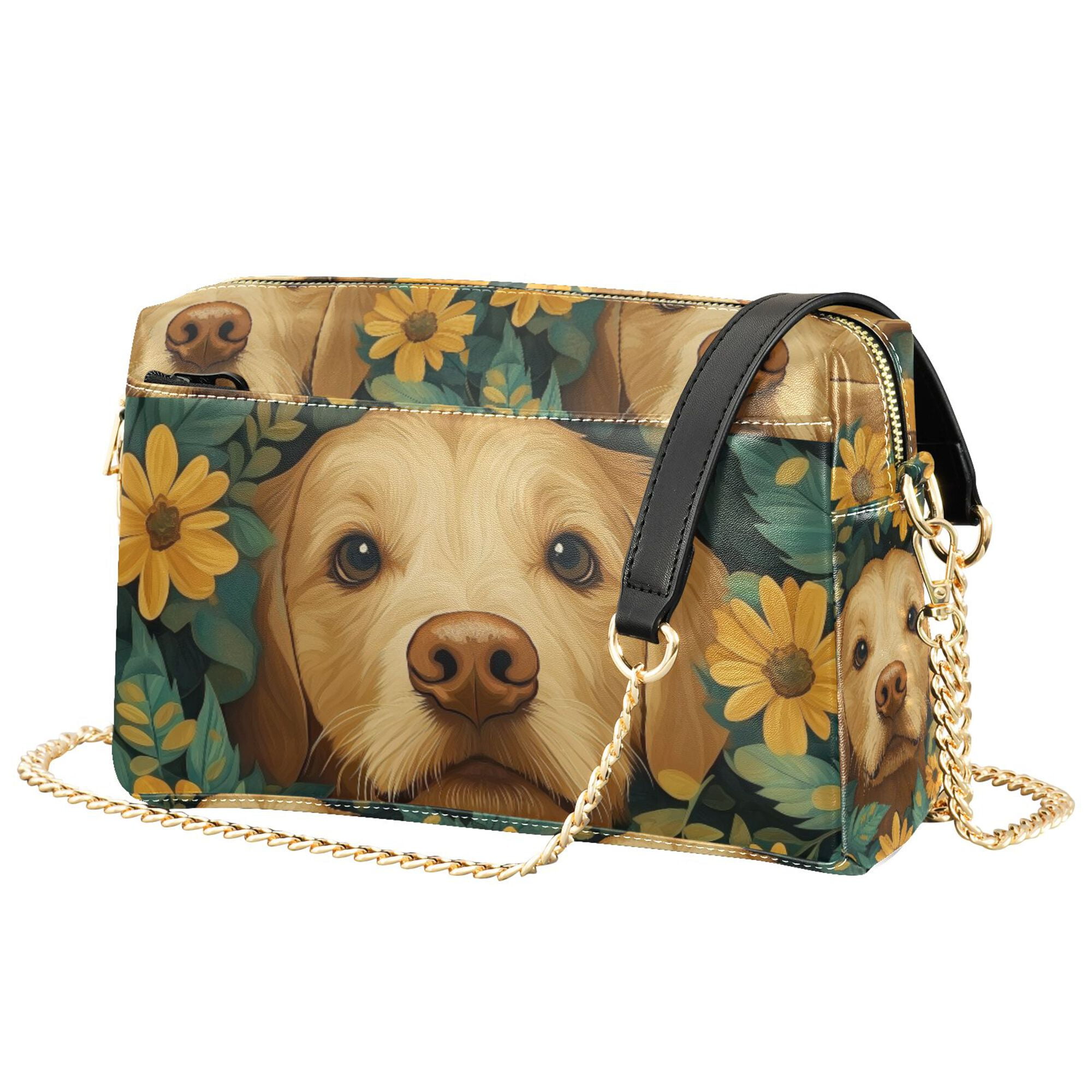 FORMRS Women Crossbody Purse with Chain Strap Vegan Leather Shoulder Handbag, Flowers and Dog