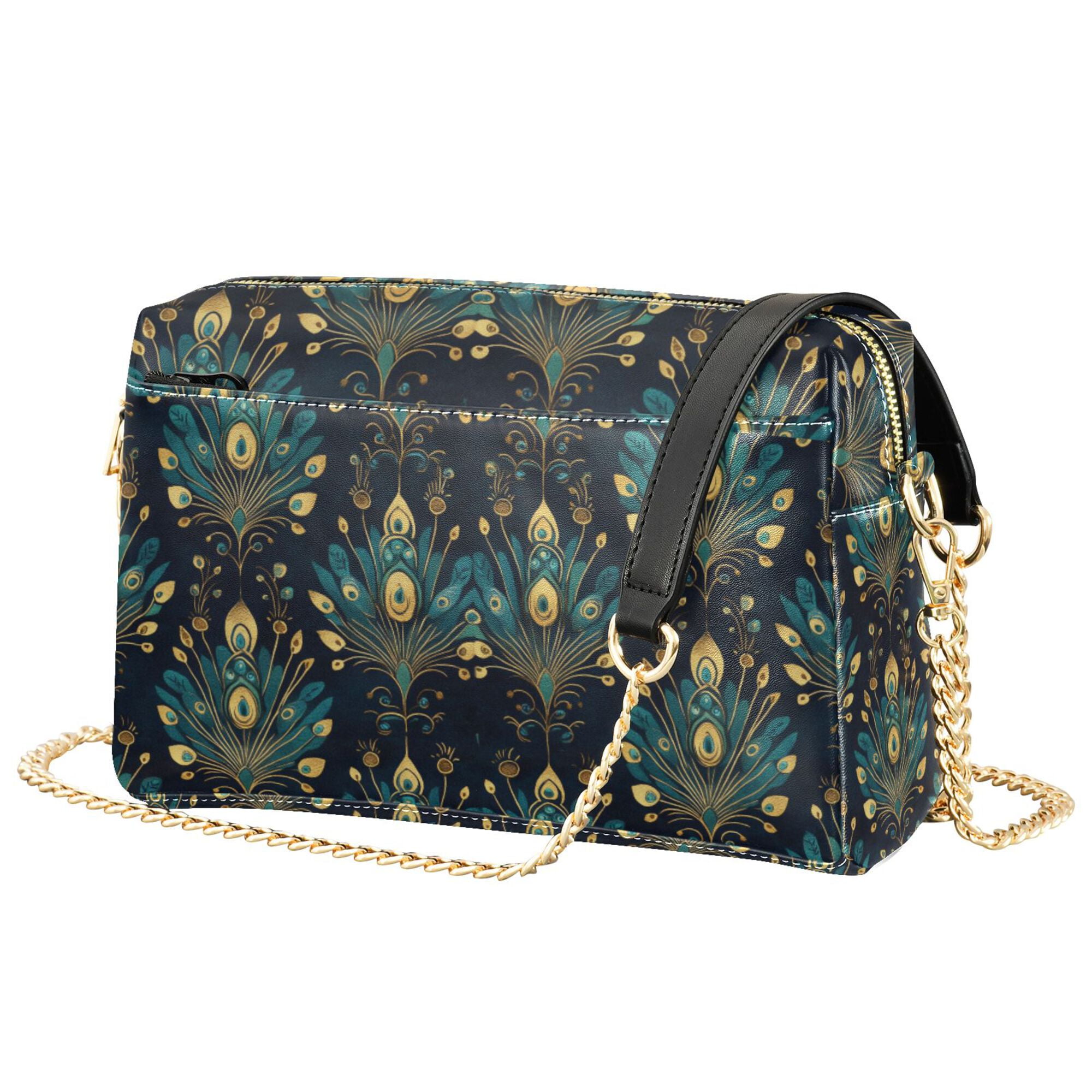 FORMRS Women Crossbody Purse with Chain Strap Vegan Leather Shoulder Handbag, Gold Peacock Pattern