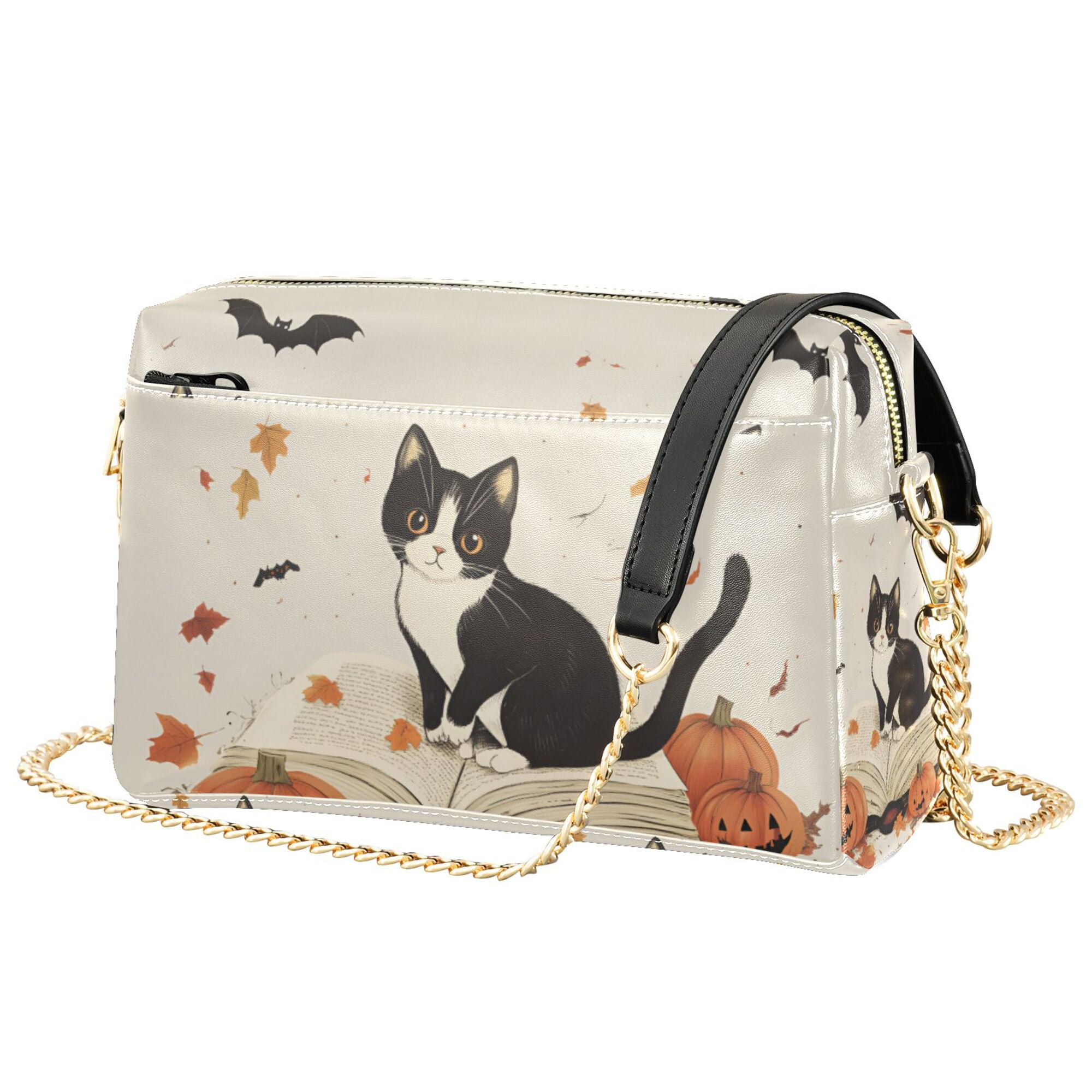 FORMRS Women Crossbody Purse with Chain Strap Vegan Leather Shoulder Handbag, Gray Cartoon Halloween Cat