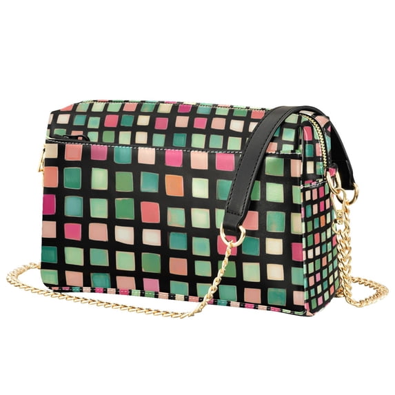 FORMRS Women Crossbody Purse with Chain Strap Vegan Leather Shoulder Handbag, Green Block Pattern