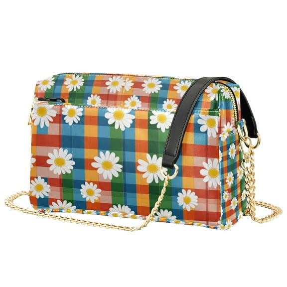 FORMRS Women Crossbody Purse with Chain Strap Vegan Leather Shoulder Handbag, Green Checkered Daisy