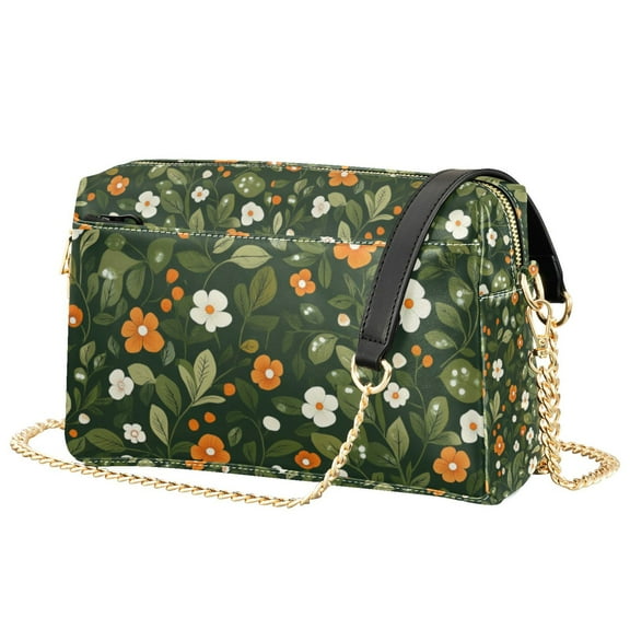 FORMRS Women Crossbody Purse with Chain Strap Vegan Leather Shoulder Handbag, Green Flowers Pattern