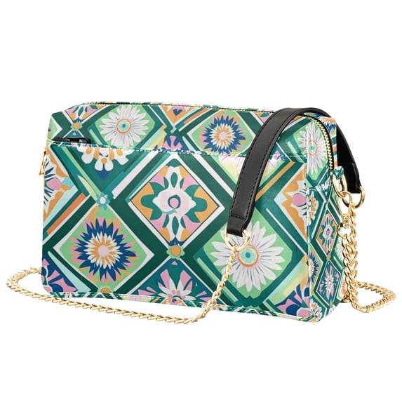 FORMRS Women Crossbody Purse with Chain Strap Vegan Leather Shoulder Handbag, Green Geometric Flowers