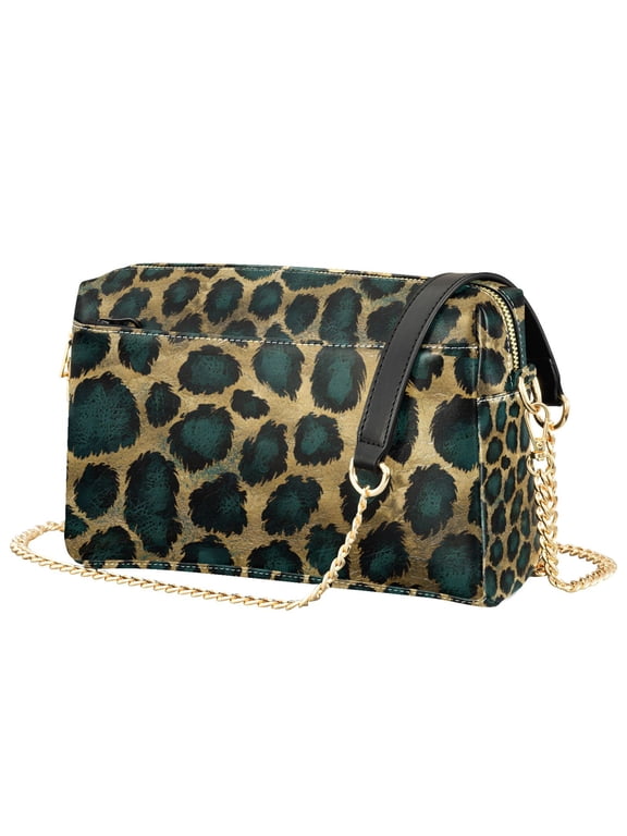Women Crossbody Purse with Chain Strap Vegan Leather Shoulder Handbag, Green Leopard Pattern