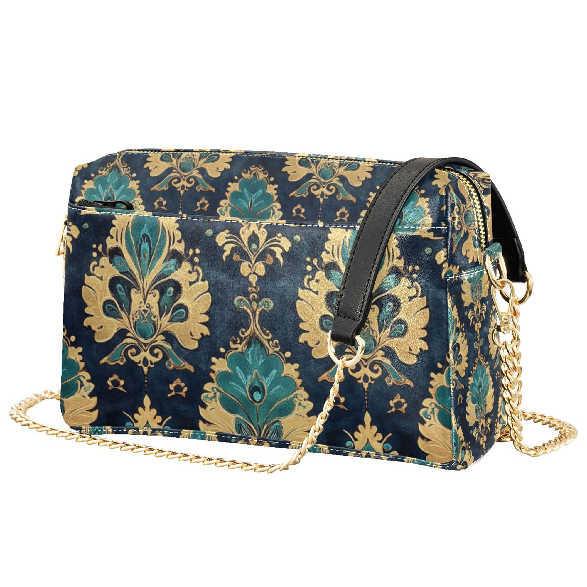 FORMRS Women Crossbody Purse with Chain Strap Vegan Leather Shoulder Handbag, Green Peacock Pattern