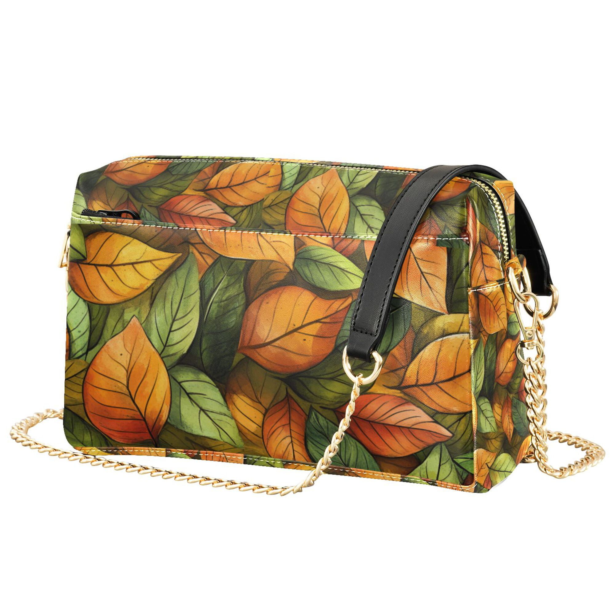 FORMRS Women Crossbody Purse with Chain Strap Vegan Leather Shoulder Handbag, Green Retro Leaves