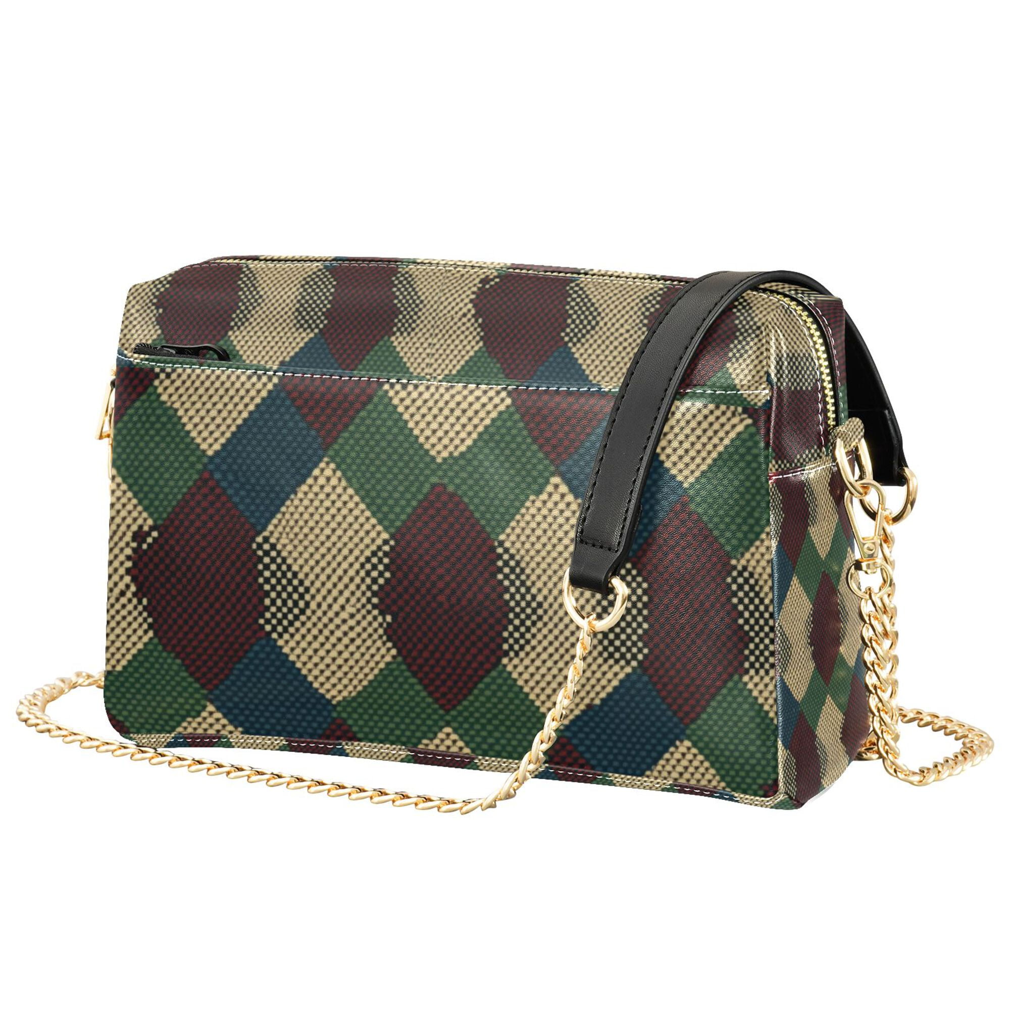 FORMRS Women Crossbody Purse with Chain Strap Vegan Leather Shoulder Handbag, Green Tartan Pattern