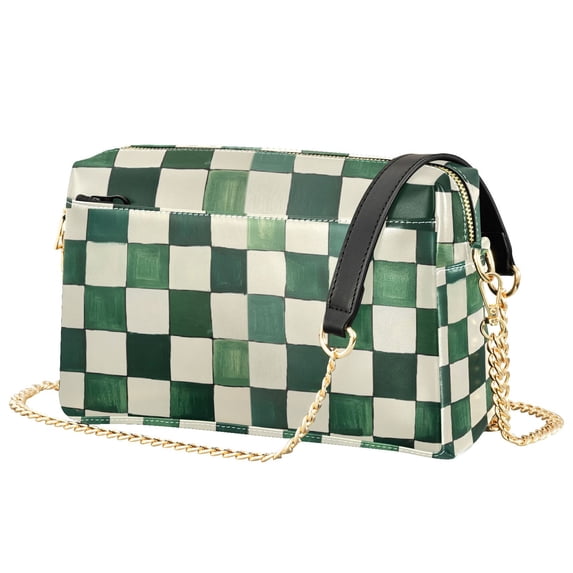 FORMRS Women Crossbody Purse with Chain Strap Vegan Leather Shoulder Handbag, Green and White Plaid Pattern