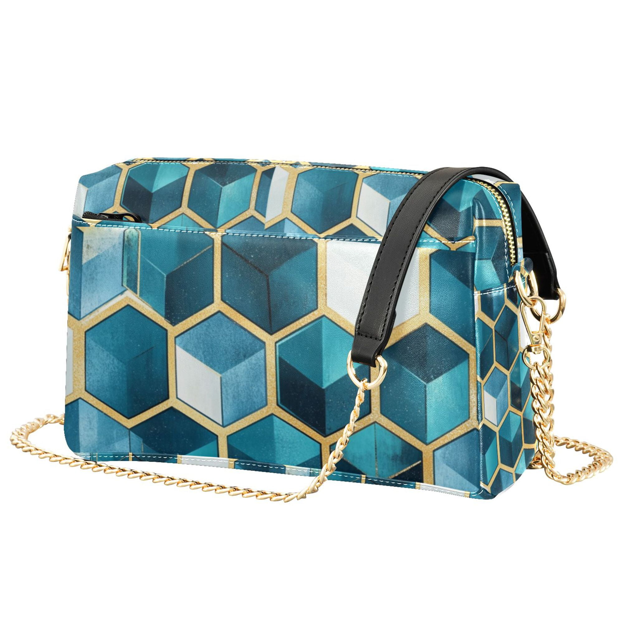FORMRS Women Crossbody Purse with Chain Strap Vegan Leather Shoulder Handbag, Light Blue Geometric Pattern