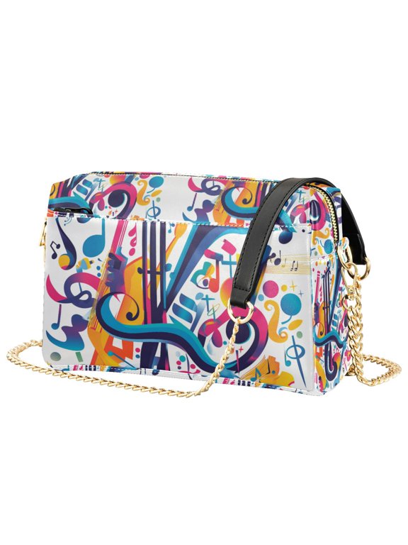 Women Crossbody Purse with Chain Strap Vegan Leather Shoulder Handbag, Musical Pattern