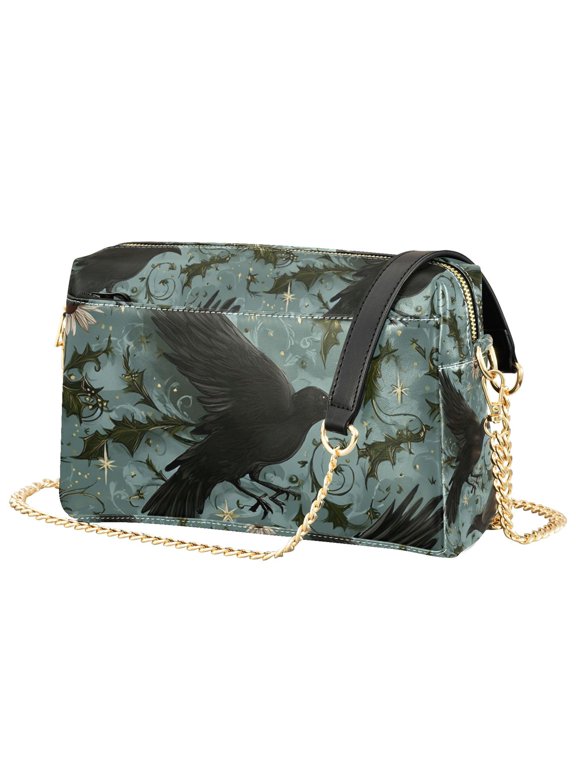 Women Crossbody Purse with Chain Strap Vegan Leather Shoulder Handbag, Mystic Crows Pattern