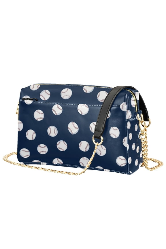 Women Crossbody Purse with Chain Strap Vegan Leather Shoulder Handbag, Navy Blue Baseball Pattern