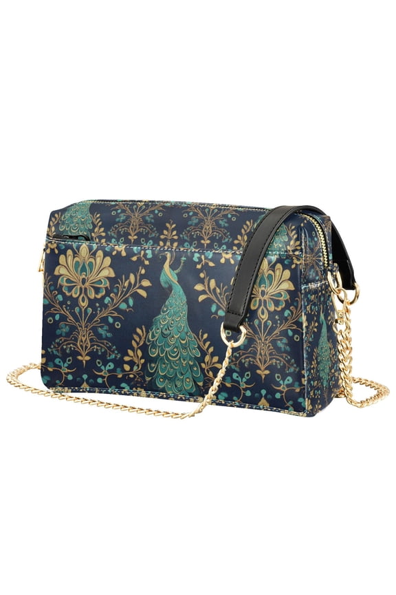 Women Crossbody Purse with Chain Strap Vegan Leather Shoulder Handbag, Navy Blue Peacock Pattern