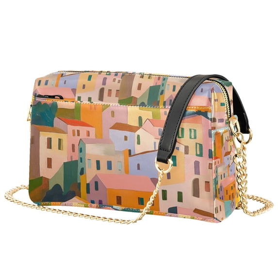 FORMRS Women Crossbody Purse with Chain Strap Vegan Leather Shoulder Handbag, Orange Cityscape Painting