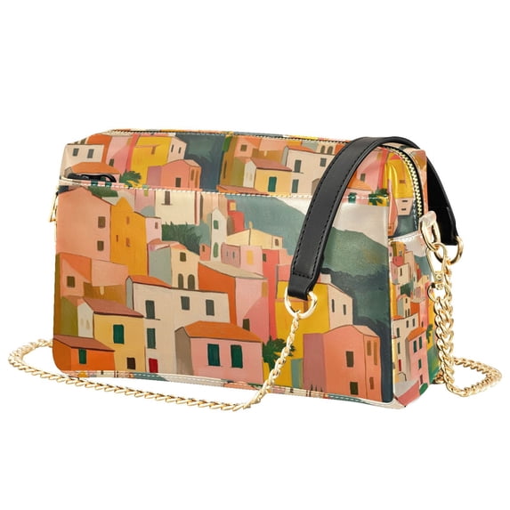 FORMRS Women Crossbody Purse with Chain Strap Vegan Leather Shoulder Handbag, Pink Cityscape Painting