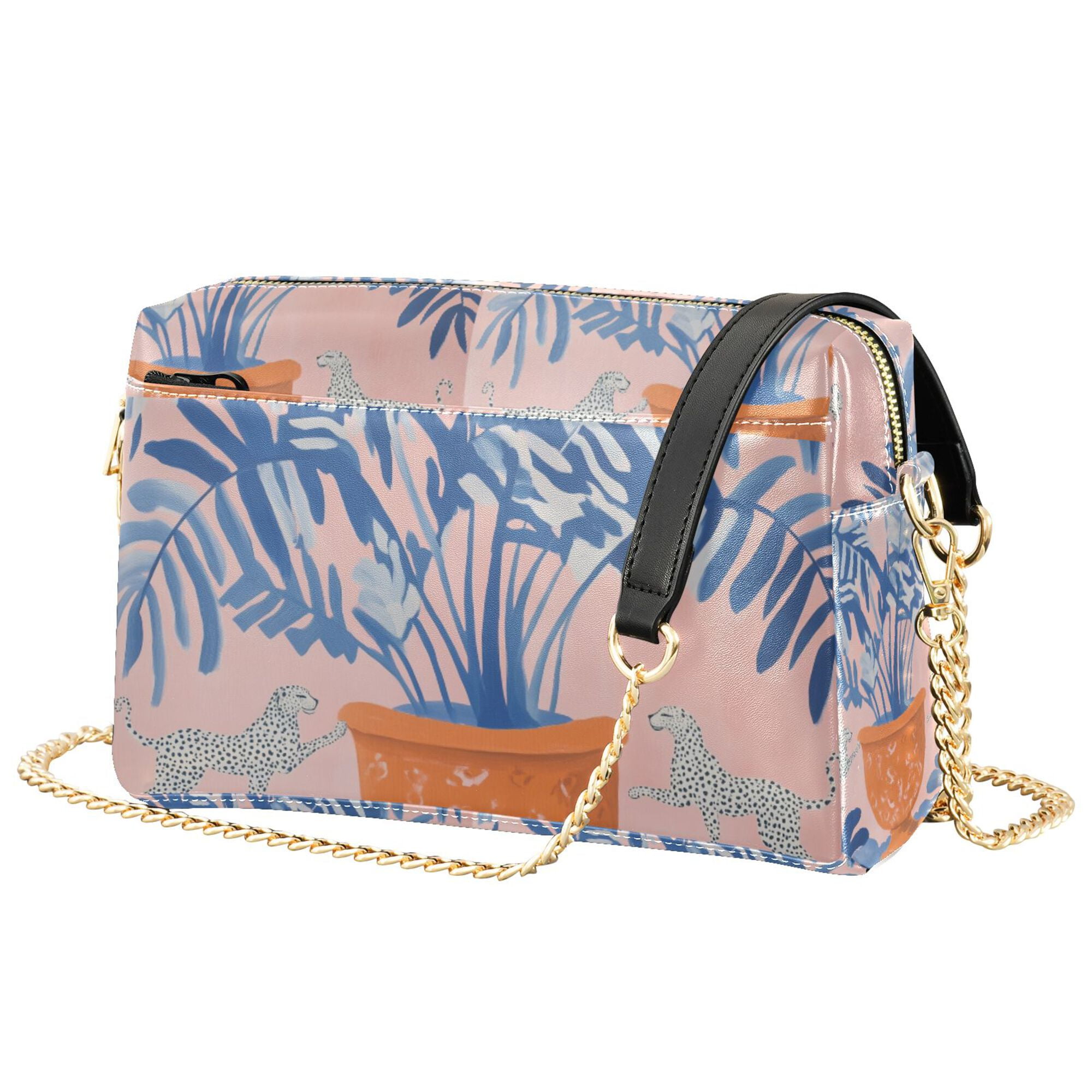 FORMRS Women Crossbody Purse with Chain Strap Vegan Leather Shoulder Handbag, Pink Leaves