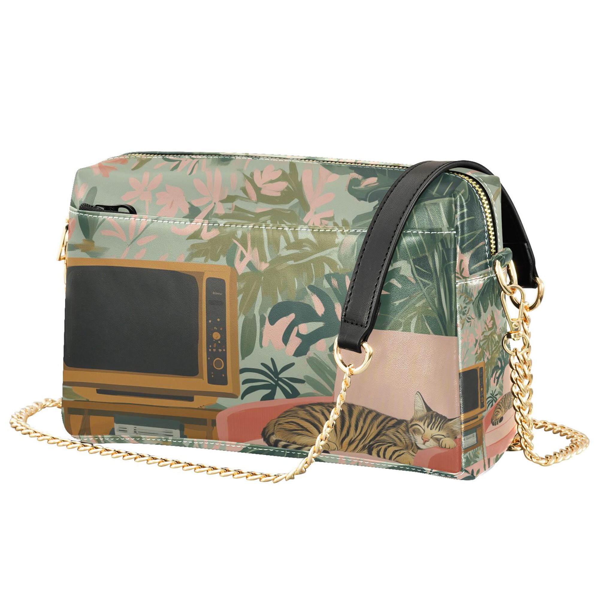 FORMRS Women Crossbody Purse with Chain Strap Vegan Leather Shoulder Handbag, Pink and Green Cat