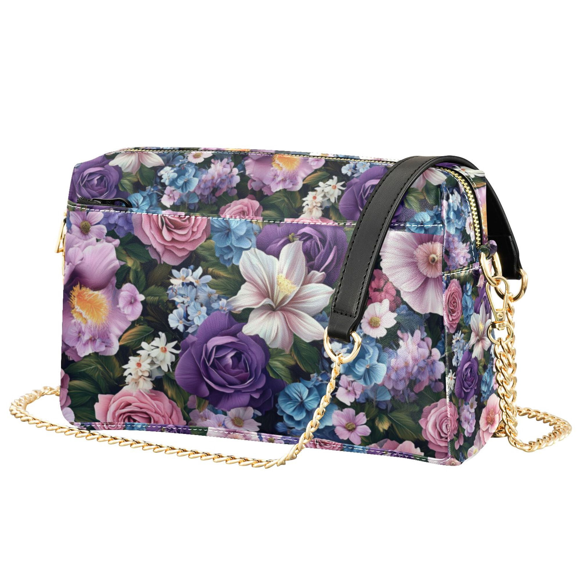FORMRS Women Crossbody Purse with Chain Strap Vegan Leather Shoulder Handbag, Pink and Purple Flowers