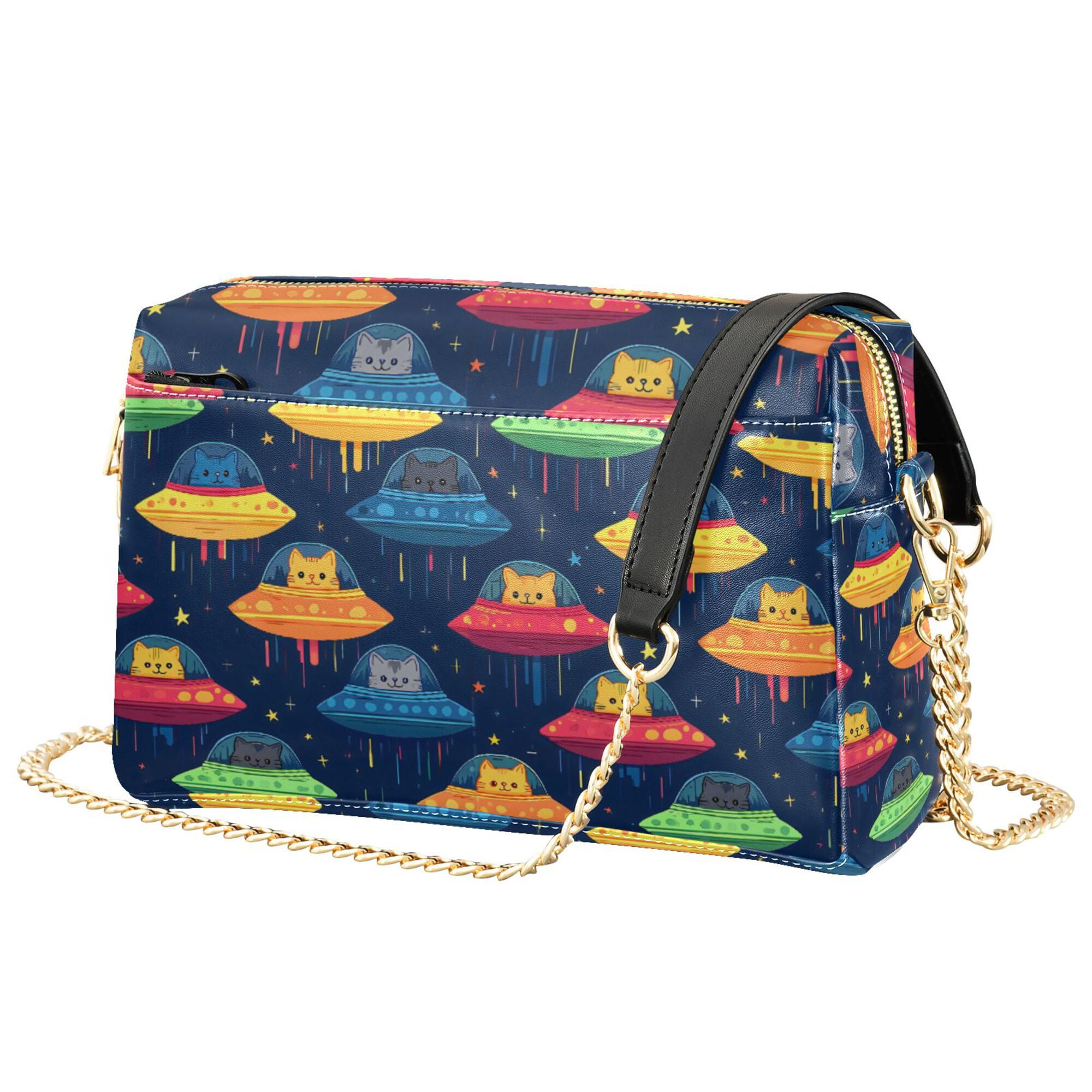 FORMRS Women Crossbody Purse with Chain Strap Vegan Leather Shoulder Handbag, Rainbow Space Cat