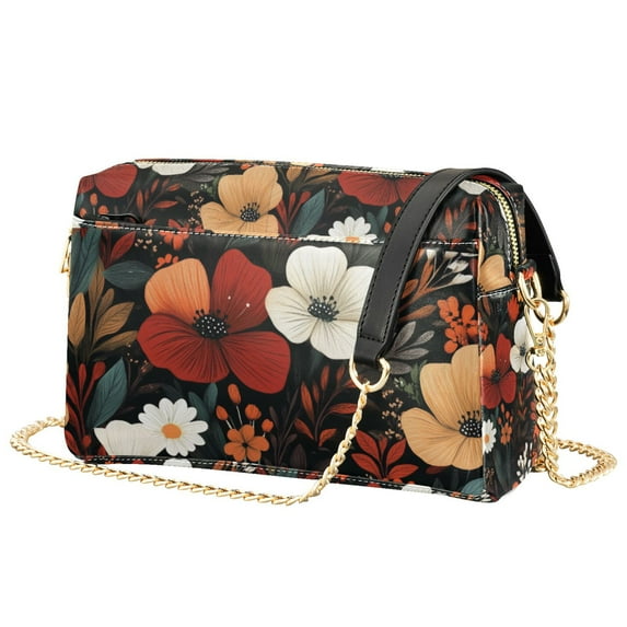 FORMRS Women Crossbody Purse with Chain Strap Vegan Leather Shoulder Handbag, Red Flowers Pattern