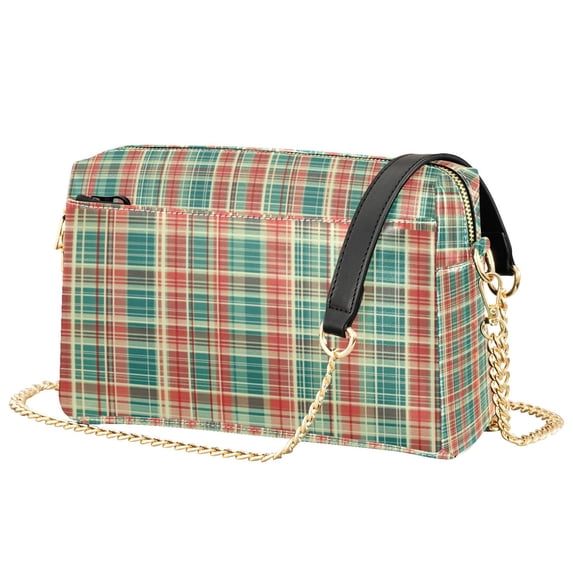 FORMRS Women Crossbody Purse with Chain Strap Vegan Leather Shoulder Handbag, Red Green Tartan Pattern