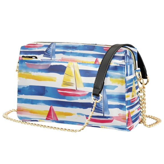 FORMRS Women Crossbody Purse with Chain Strap Vegan Leather Shoulder Handbag, Red Hand Drawn Sailboats