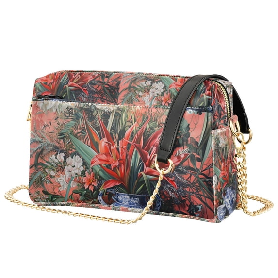 FORMRS Women Crossbody Purse with Chain Strap Vegan Leather Shoulder Handbag, Red Vibrant Flowers