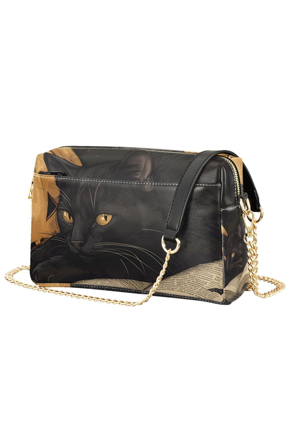 Women Crossbody Purse with Chain Strap Vegan Leather Shoulder Handbag, Retro Halloween Cat