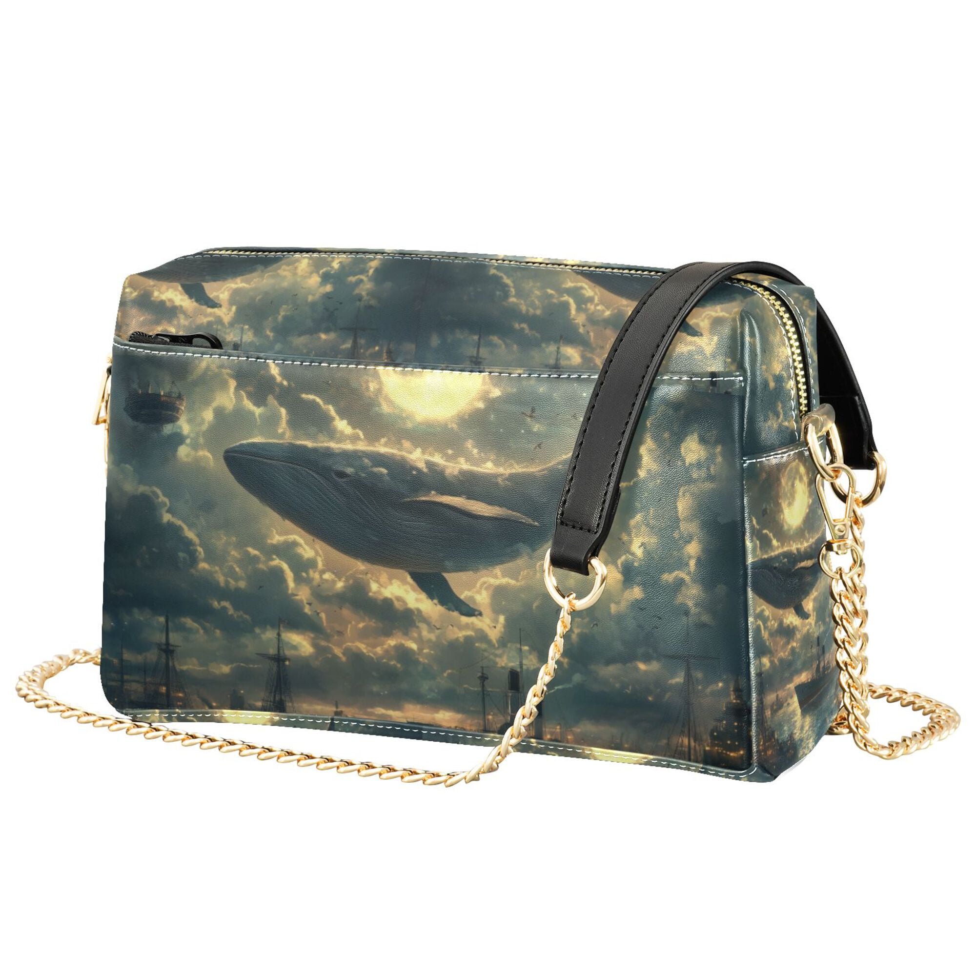FORMRS Women Crossbody Purse with Chain Strap Vegan Leather Shoulder Handbag, Whale and Moon