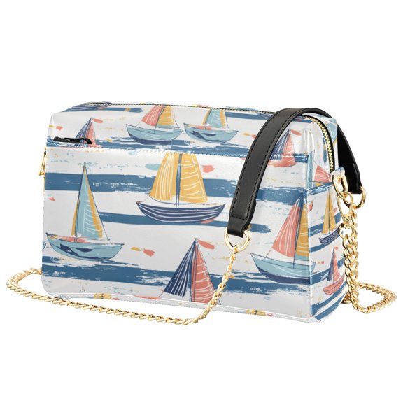 FORMRS Women Crossbody Purse with Chain Strap Vegan Leather Shoulder Handbag, White Hand Drawn Sailboats