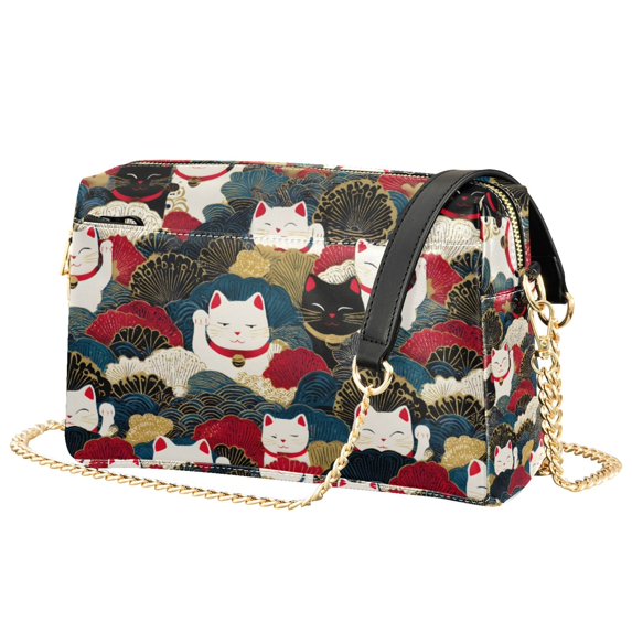 FORMRS Women Crossbody Purse with Chain Strap Vegan Leather Shoulder Handbag, White Lucky Cat