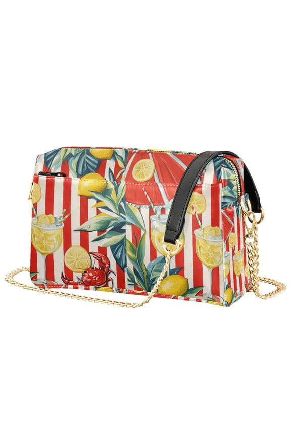 Women Crossbody Purse with Chain Strap Vegan Leather Shoulder Handbag, White Striped Lemon