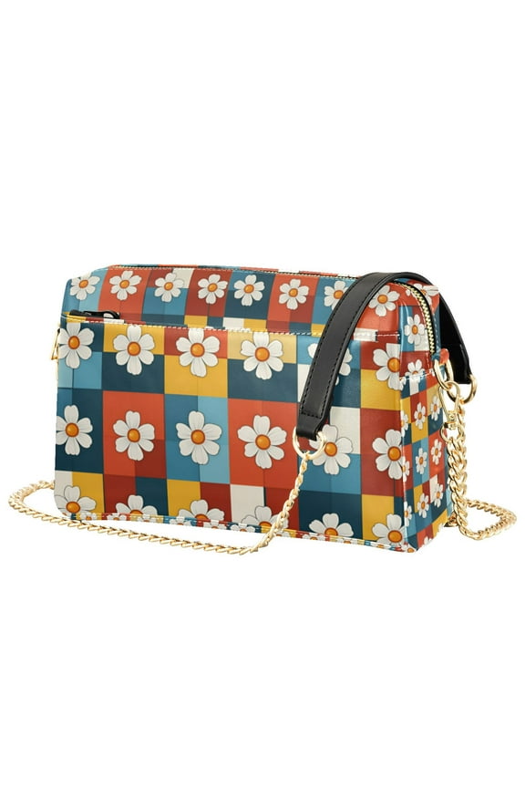 Women Crossbody Purse with Chain Strap Vegan Leather Shoulder Handbag, Yellow Checkered Daisy