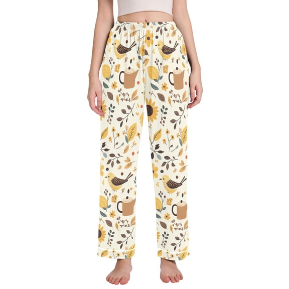 FORMRS Women's Pajama Pants with Pockets Soft Comfy Loungewear Sleep Bottom, Sizes S-2XL, Beige Birds Floral