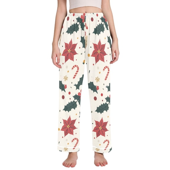 FORMRS Women's Pajama Pants with Pockets Soft Comfy Loungewear Sleep Bottom, Sizes S-2XL, Beige Christmas Candy Canes