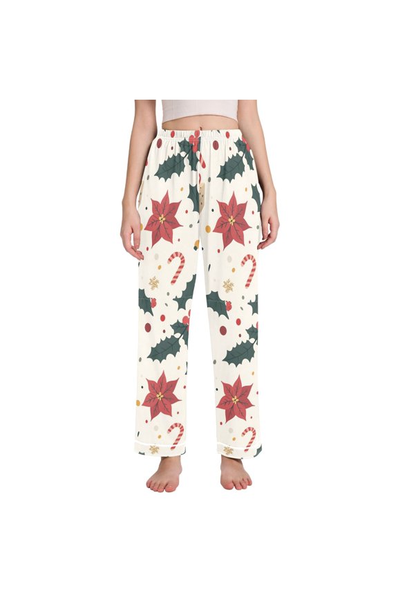 Women's Pajama Pants with Pockets Soft Comfy Loungewear Sleep Bottom, Sizes S-2XL, Beige Christmas Candy Canes