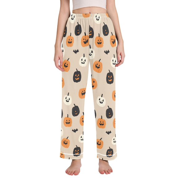 FORMRS Women's Pajama Pants with Pockets Soft Comfy Loungewear Sleep Bottom, Sizes S-2XL, Beige Halloween Pumpkin
