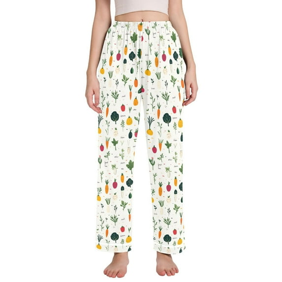 FORMRS Women's Pajama Pants with Pockets Soft Comfy Loungewear Sleep Bottom, Sizes S-2XL, Beige Vegetables Pattern