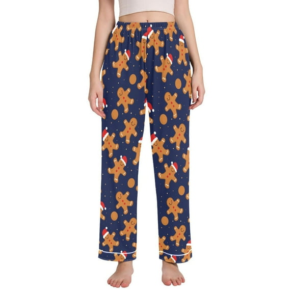 FORMRS Women's Pajama Pants with Pockets Soft Comfy Loungewear Sleep Bottom, Sizes S-2XL, Blue Christmas Gingerbread Pattern