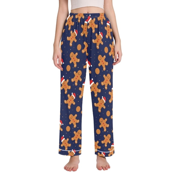 FORMRS Women's Pajama Pants with Pockets Soft Comfy Loungewear Sleep Bottom, Sizes S-2XL, Blue Christmas Gingerbread Pattern