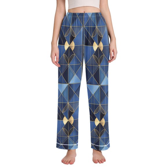 FORMRS Women's Pajama Pants with Pockets Soft Comfy Loungewear Sleep Bottom, Sizes S-2XL, Blue Geometric Pattern