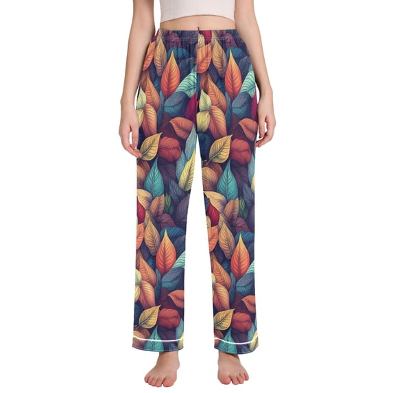 FORMRS Women's Pajama Pants with Pockets Soft Comfy Loungewear Sleep Bottom, Sizes S-2XL, Blue Vibrant Leaves Pattern